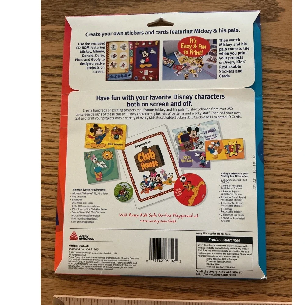 Vintage 1997 Avery Kids Disney Mickey Stickers & Stuff Printing Fun Kit 3102 CD